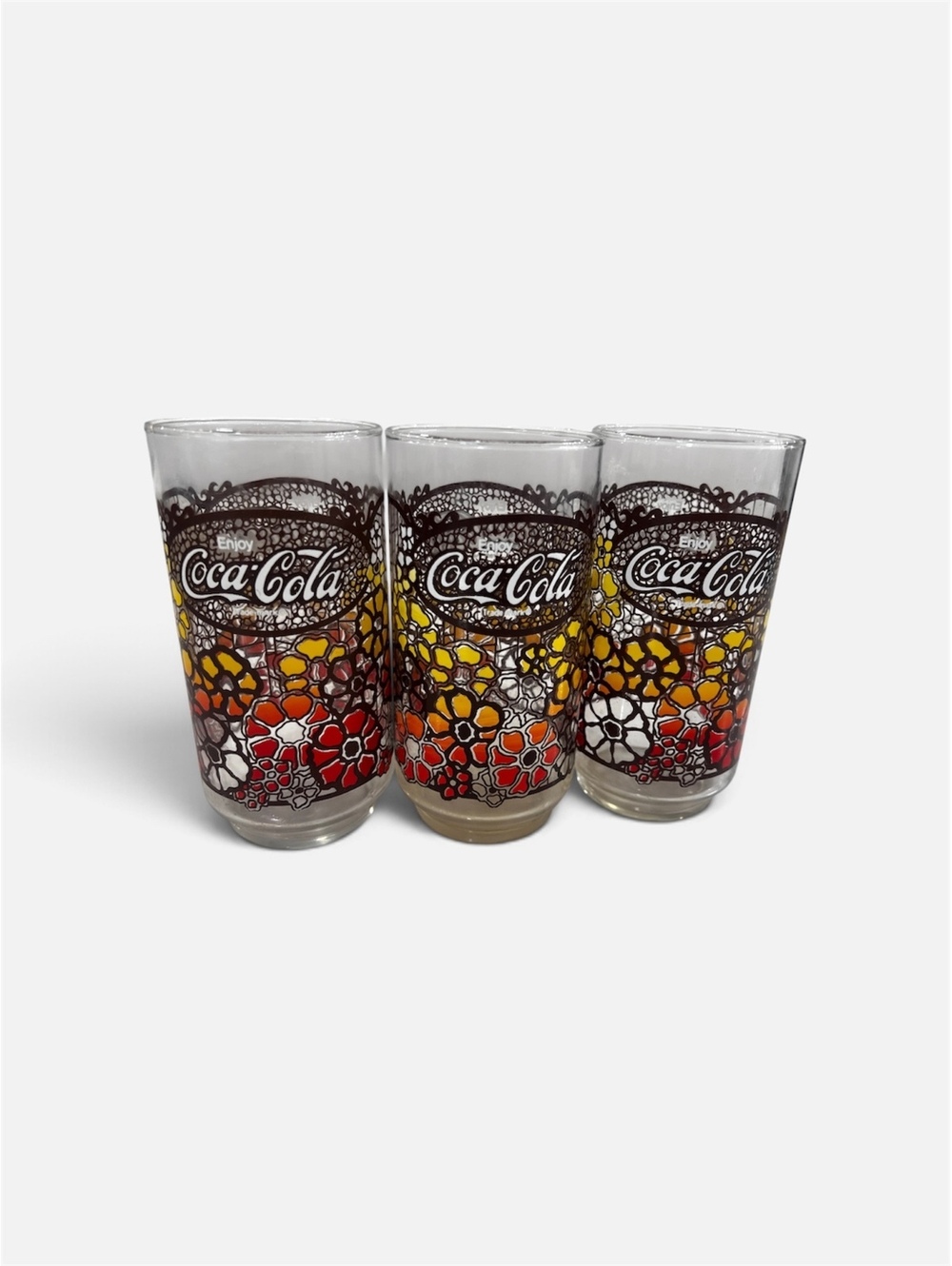 Coca-Cola Glass 5.5" Flower Power Design Orange Yellow Brown Set Of 3 VINTAGE